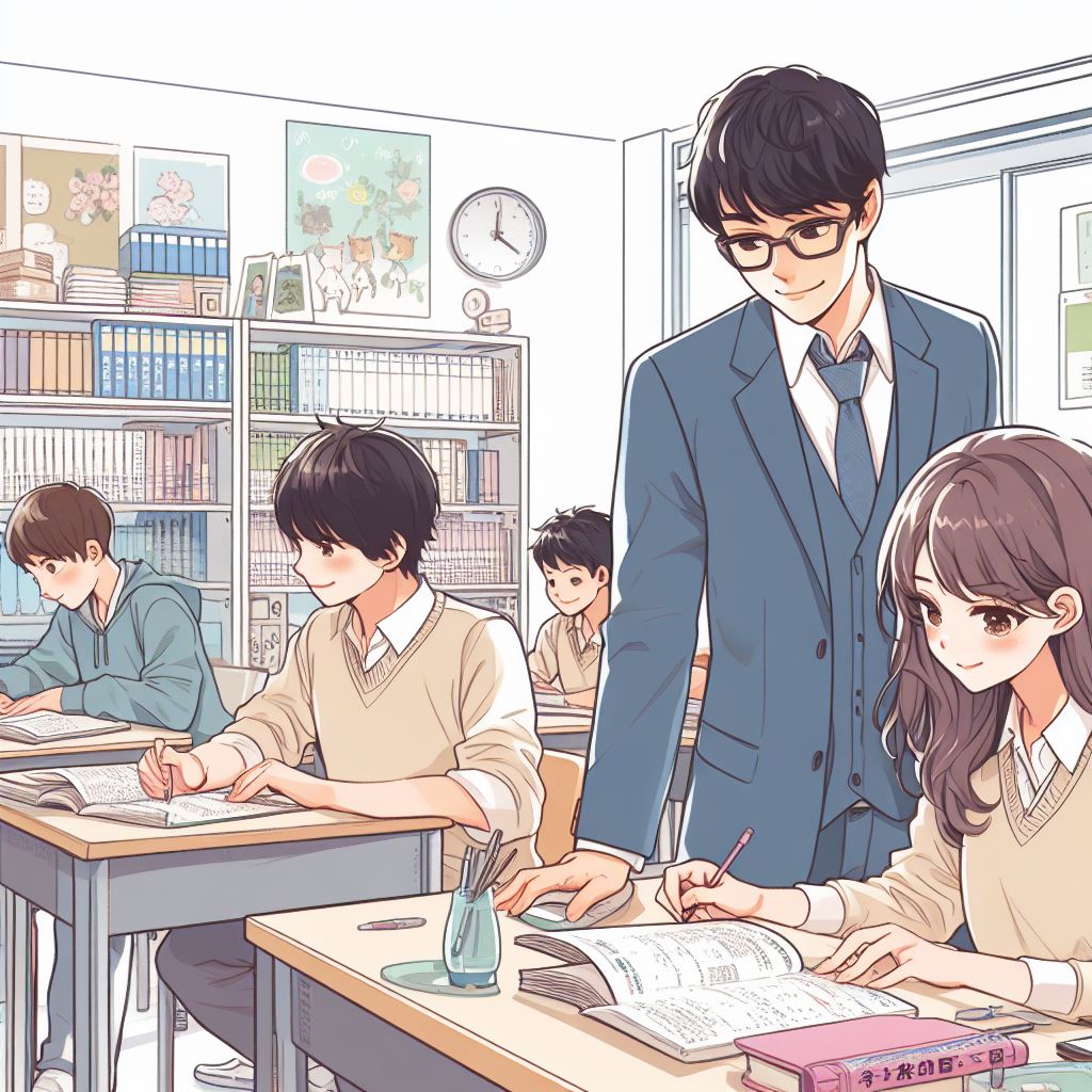 イラスト屋風の個別指導の塾で受験勉強をしている先生と日本の３人の中学１年生の生徒